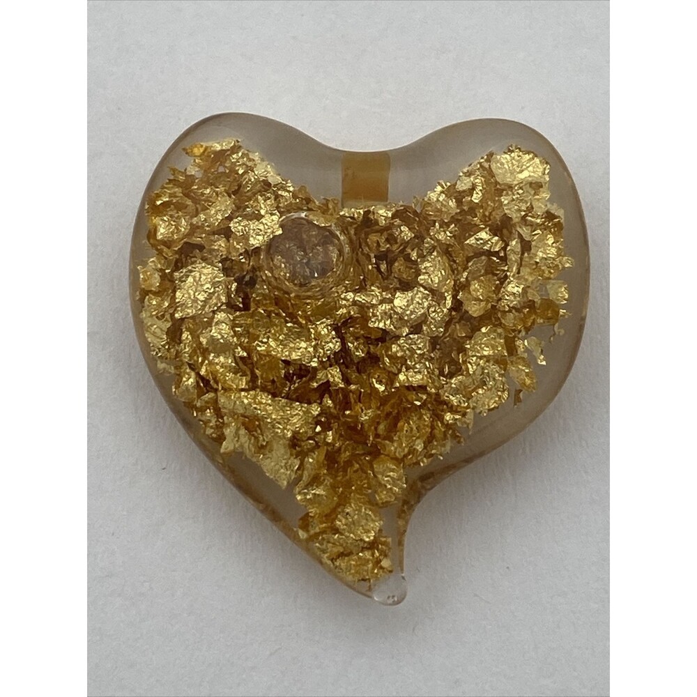 14K Gold Nugget Flakes Glass Encased Heart Pendant - Missing the Bail
